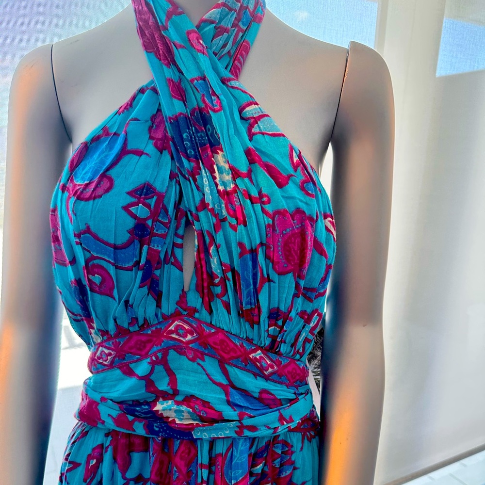 CAROLINA CONSTAS CrissCross Halter Fit-N-Flare Smocked  Maxi Dress Turquoise Med